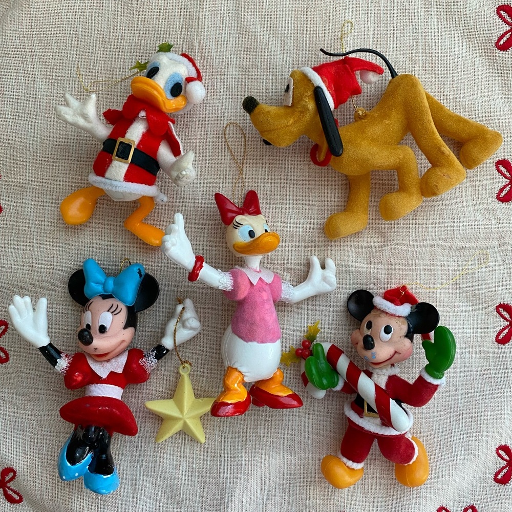 Vintage Disney Mickey and Friends Flocked Christmas Ornaments